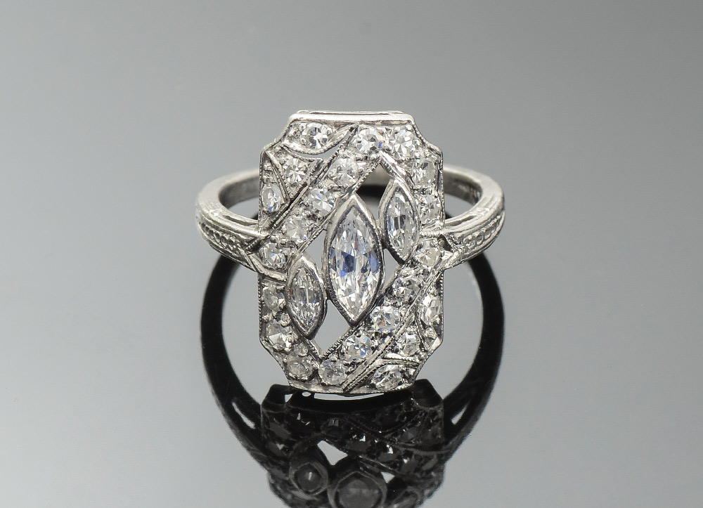 Appraisal: PLATINUM DIAMOND ART DECO MIMI DECK RING period cut marquis