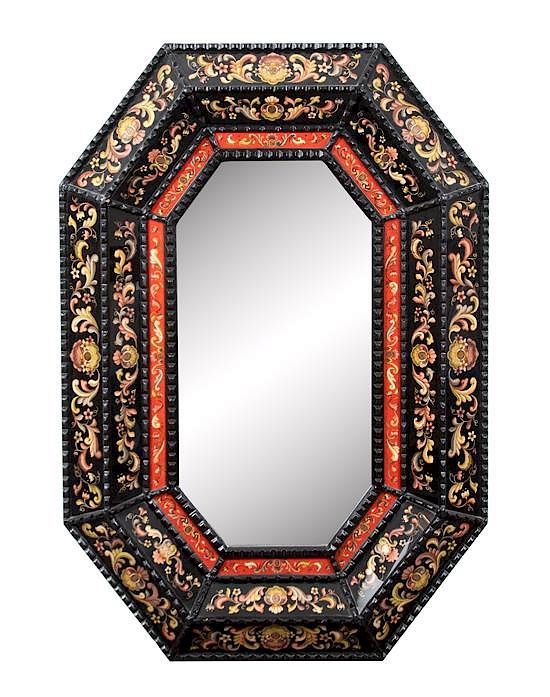 Appraisal: An Octagonal Cushion Framed Ebonized Mirror Inset Panels Height x