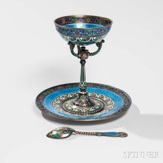 Appraisal: Russian Silver and Enamel Sherbet with Underplate and Spoon Moscow