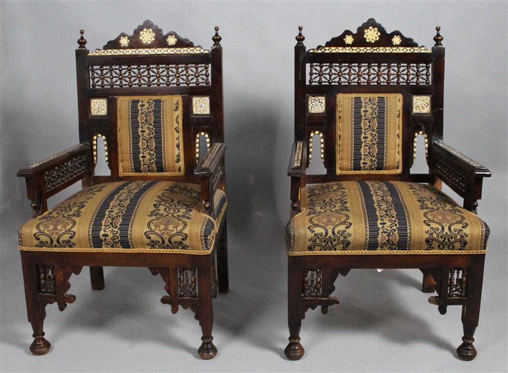 Appraisal: PAIR OF MOORISH MOTHER OF PEARL INLAID ARM CHAIRS each