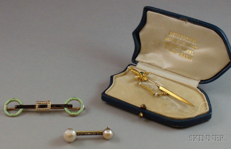 Appraisal: Three Pins including a boxed kt gold seed pearl and