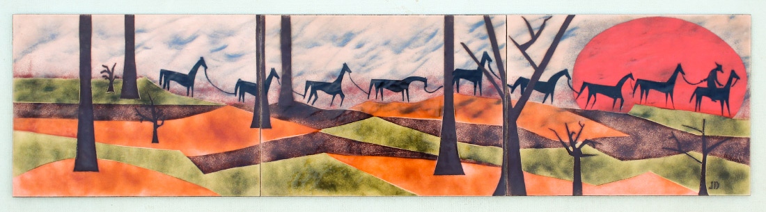 Appraisal: ENAMEL ON COPPER TRIPTYCH Horse Caravan in an Oriental Sunset