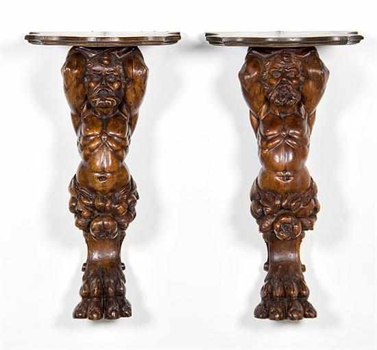 Appraisal: Pair carved fruitwood figures th century caryatid supporting bracket with