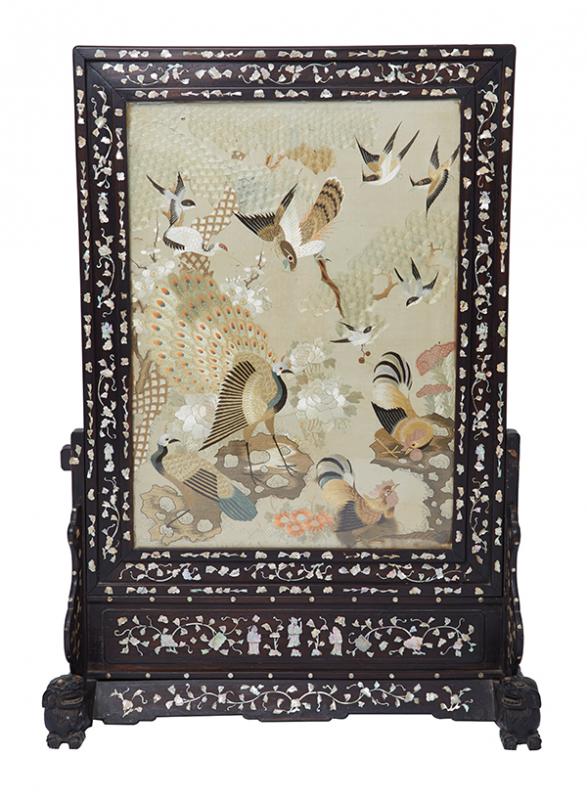 Appraisal: A LATE TH CENTURY CHINESE ROSEWOOD AND EMBROIDERED SILK SCREEN