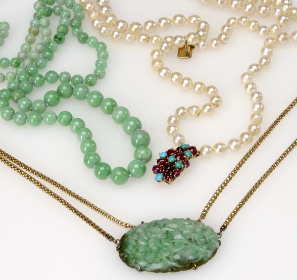 Appraisal: PEARL NECKLACE WITH GEMSTONE CLASP AND TWO JADE NECKLACES double