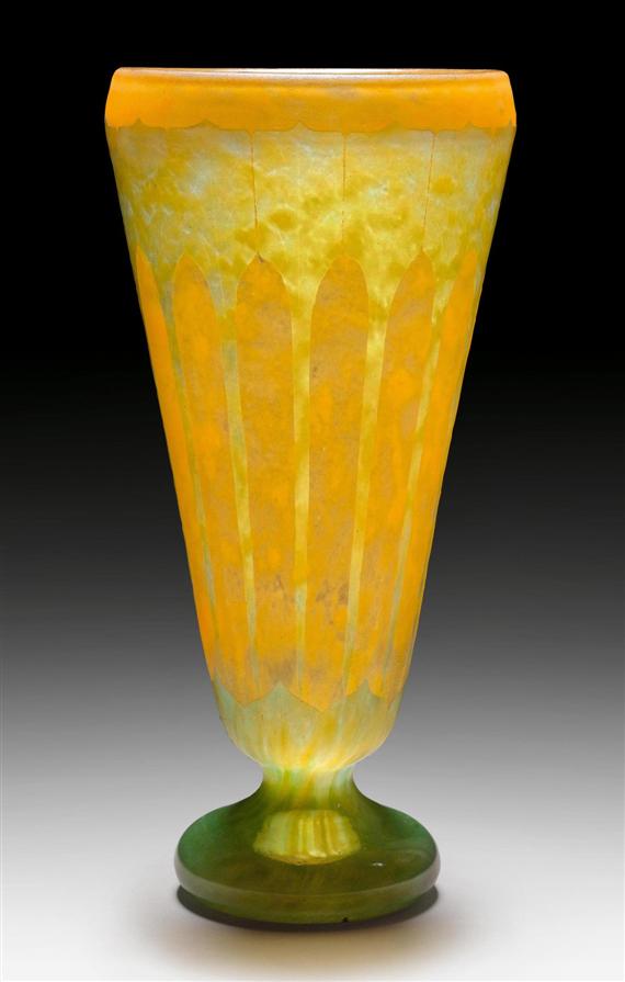 Appraisal: SCHNEIDER VASE circa Acid-etched orange glass with green overlay Signed