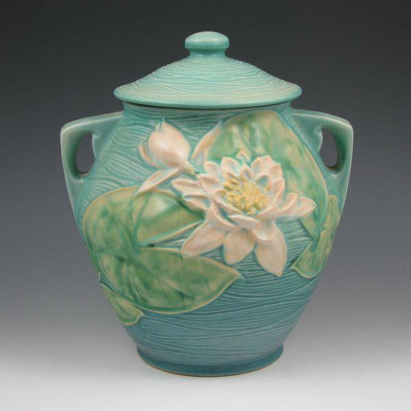 Appraisal: Roseville Water Lily lidded cookie jar in blue Marked Roseville