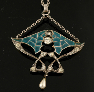 Appraisal: An Art Nouveau pendant and chain The blue enamel plique-a-jour