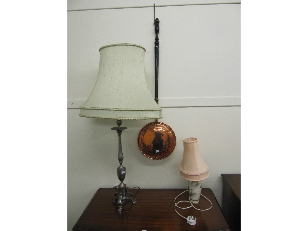 Appraisal: Copper bed warming pan Satsuma table lamp and another