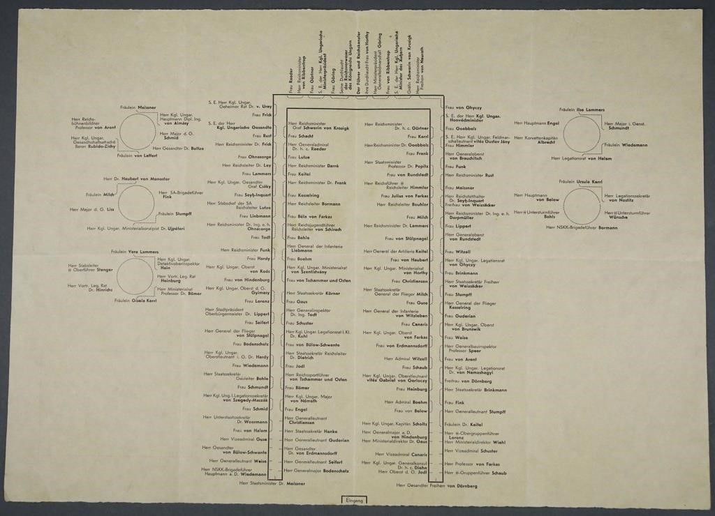 Appraisal: Seating chart for a dinner hosted by Adolf Hitler honoring