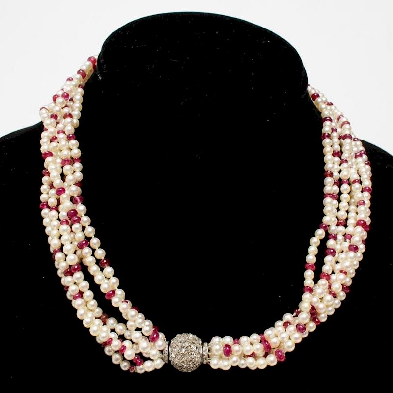 Appraisal: Pearl Ruby Torsade Necklace with Diamond Clasp Pearl necklace with