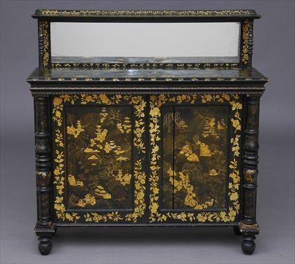 Appraisal: REGENCY BLACK LACQUER CHINOISERIE CABINET With mirror-backed single shelf superstructure