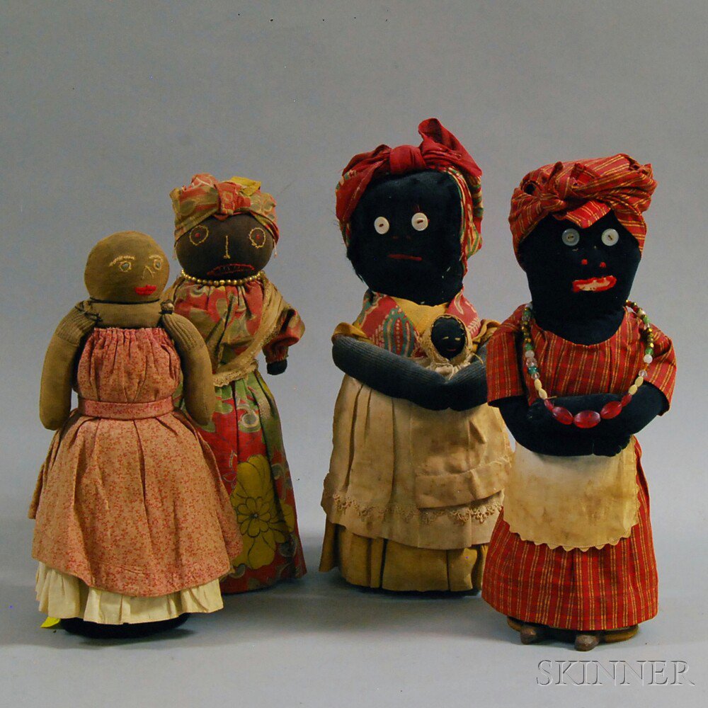 Appraisal: Four Black Bottle Dolls with cloth garments and beaded jewelry