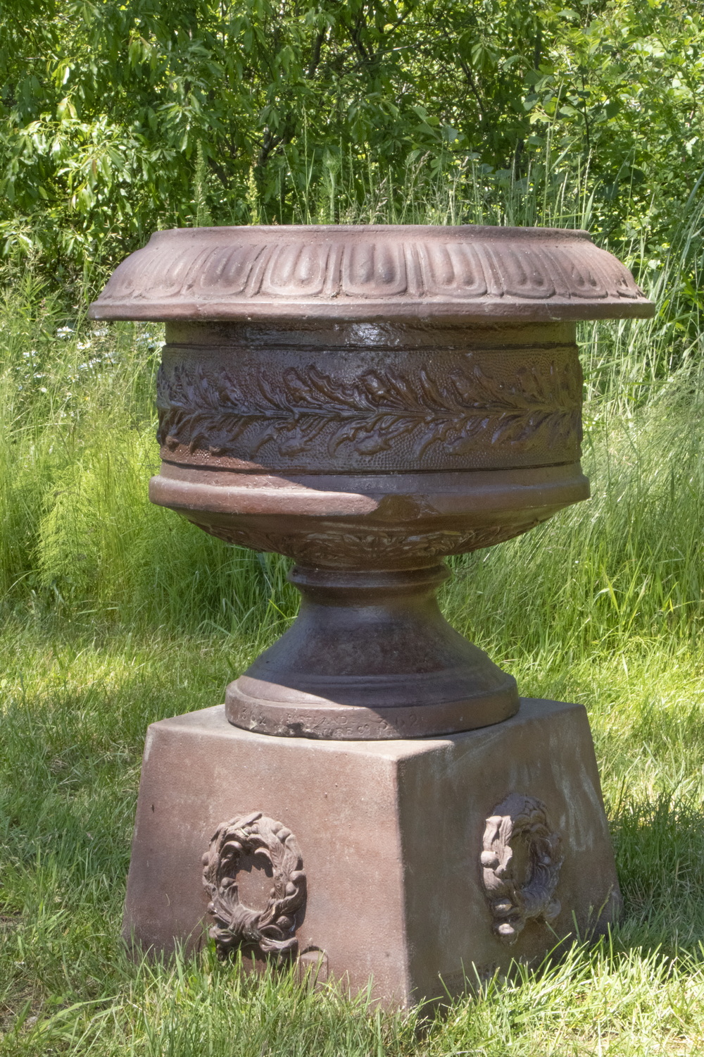 Appraisal: PORTLAND STONE WARE GARDEN URN ON STAND Large Victorian Garden