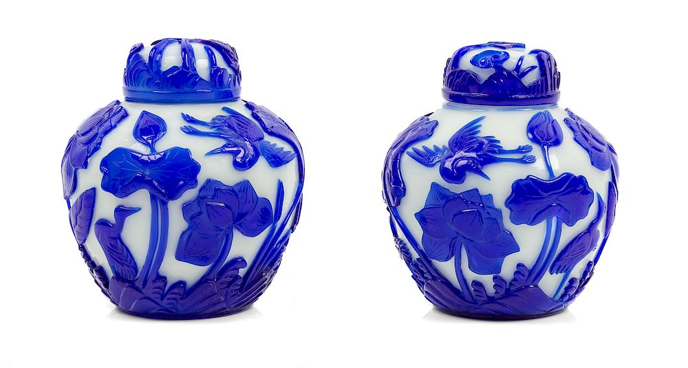 Appraisal: A Pair of Chinese Sapphire-Blue Overlay White Peking Glass Ginger