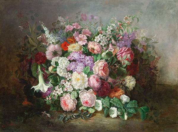 Appraisal: M Bohly French A still life with roses lilacs and