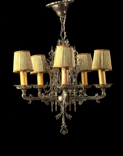 Appraisal: Silvered Brass Spanish Colonial-Style Five-Light Chandelier ca each arm joined