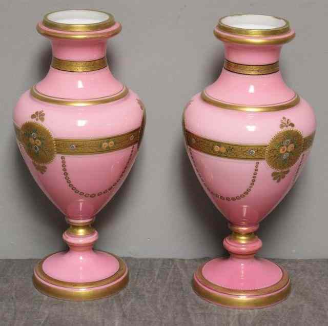 Appraisal: Pair of th Century Opaline Vases With gilded and finely