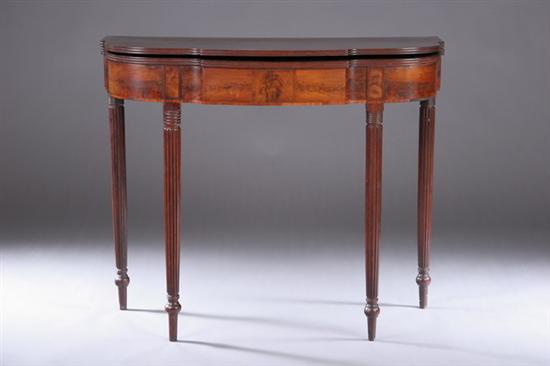 Appraisal: ENGLISH REGENCY FLAME MAHOGANY CARD TABLE Early th century Reeded-edge