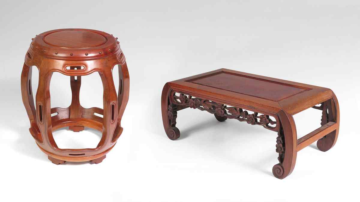 Appraisal: CARVED ASIAN STOOL AND DIMINUTIVE TABLE To include Diminutive alter