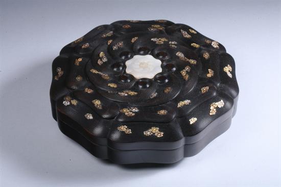 Appraisal: CHINESE ZITAN MOTHER-OF-PEARL AND CELADON JADE INLAID LOTUS PETAL-FORM BOX