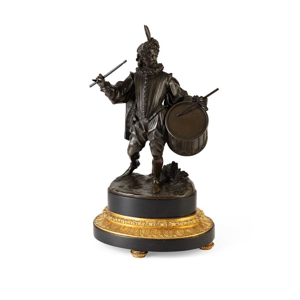 Appraisal: CONTINENTAL BRONZE FIGURE OF A LANDSKNECHT DRUMMER TH CENTURY on