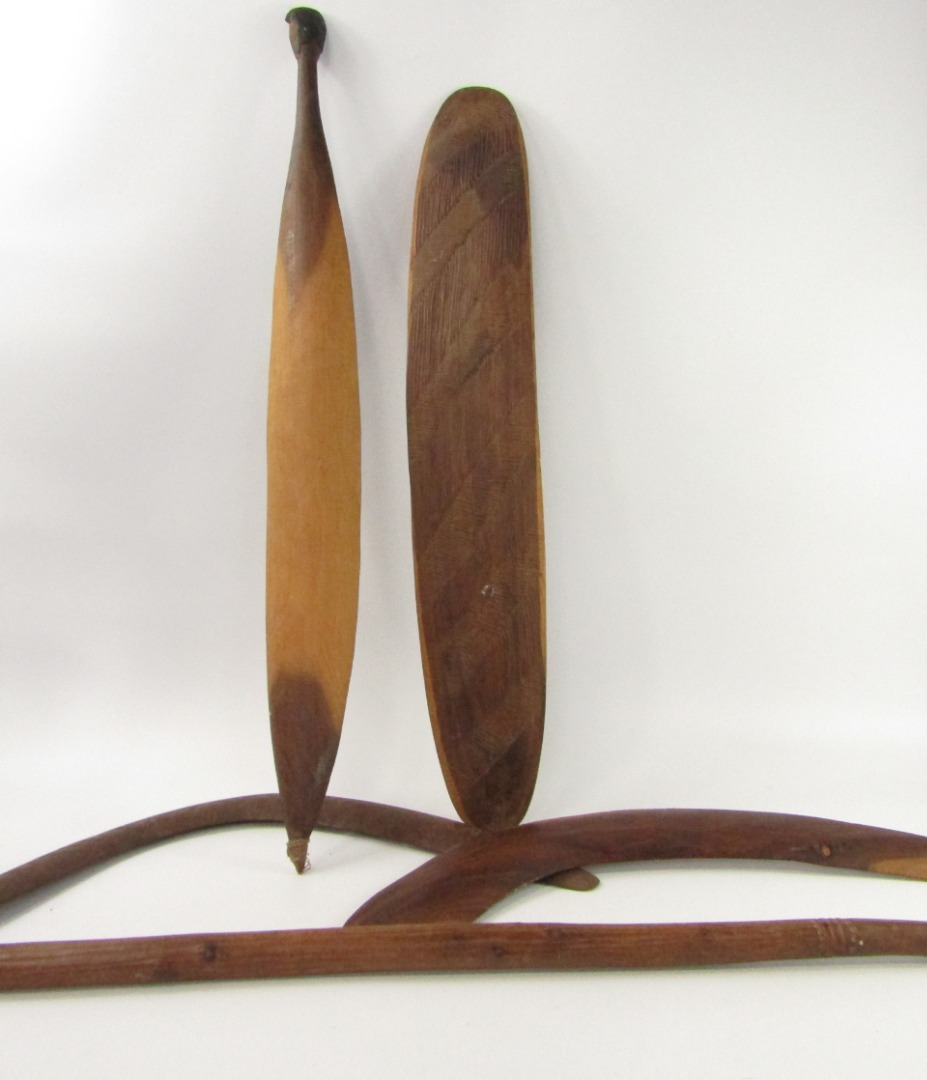 Appraisal: Two aboriginal boomerangs two shields and an outback hat