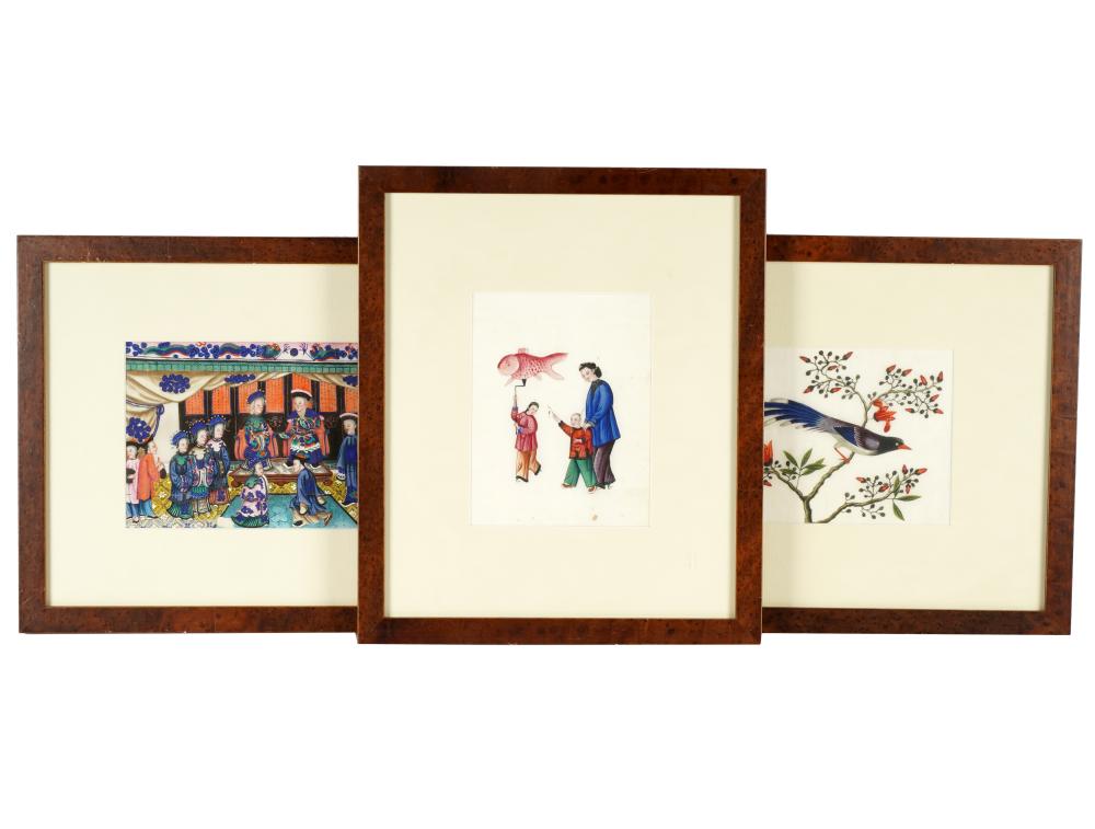 Appraisal: THREE CHINESE ILLUSTRATIONSeach painted on thin paper matted and framed