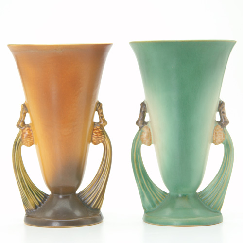 Appraisal: ROSEVILLE Pair of Pine Cone flaring vases - one green