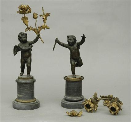 Appraisal: Pair of Louis XVI-Style Bronze Gilt Metal Two-Light Cherub Candelabra