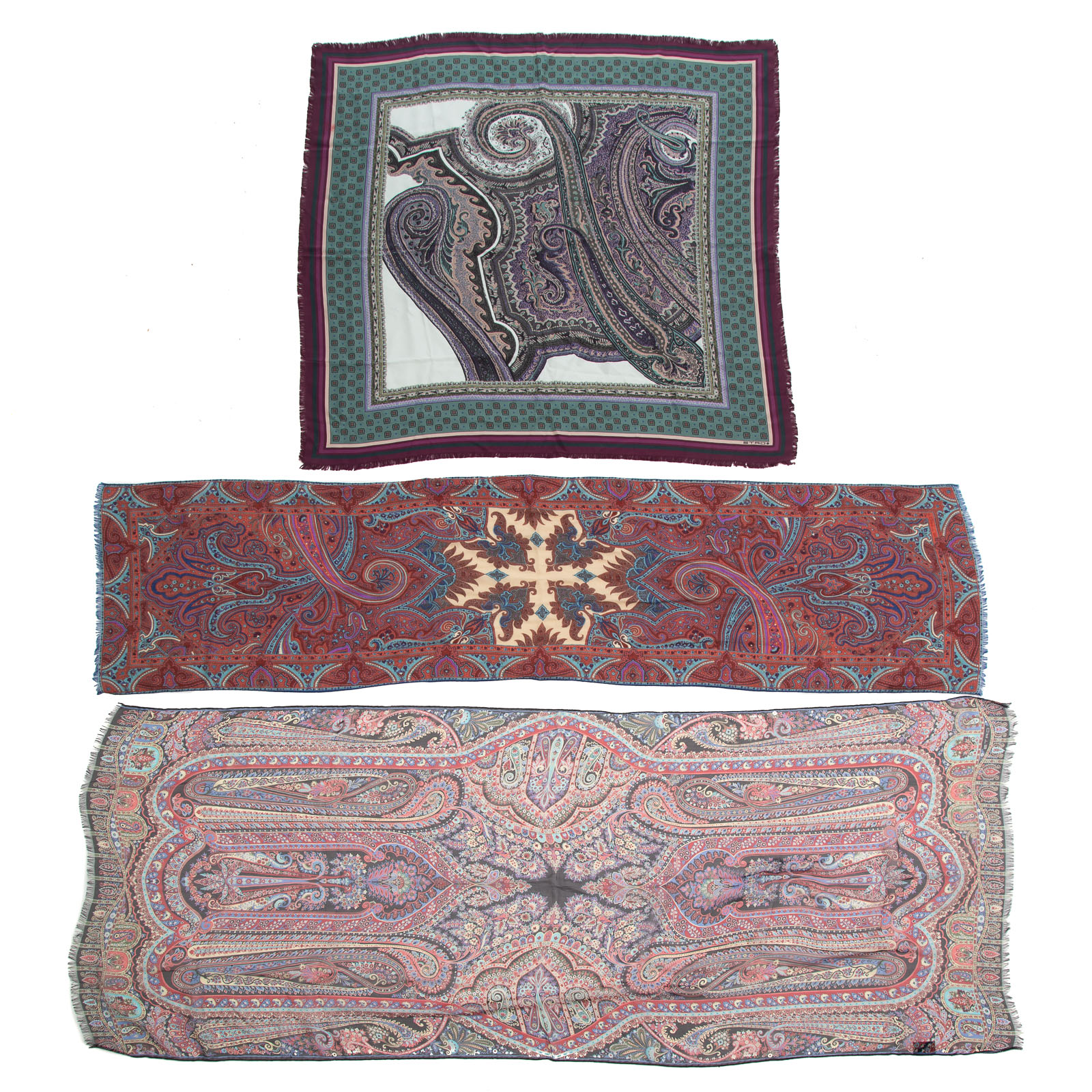 Appraisal: THREE ETRO SILK WOOL SCARVES A black and multicolor Etro