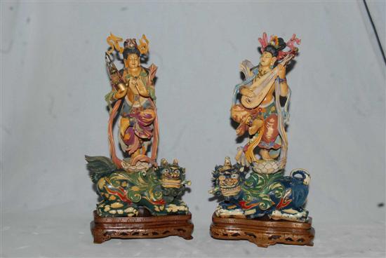 Appraisal: TWO CHINESE POLYCHROMED FIGURES OF MEIREN Playing instruments and standing