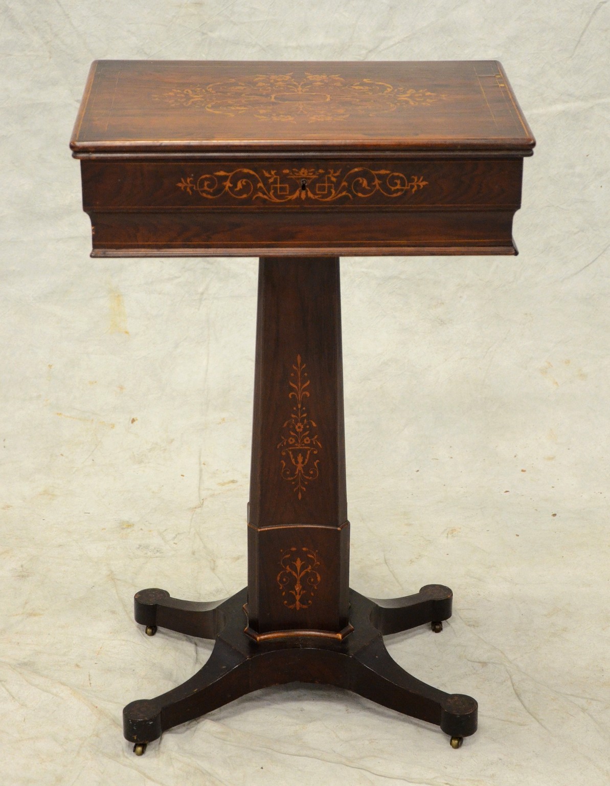 Appraisal: Continental inlaid rosewood sewing stand c - lift lid with