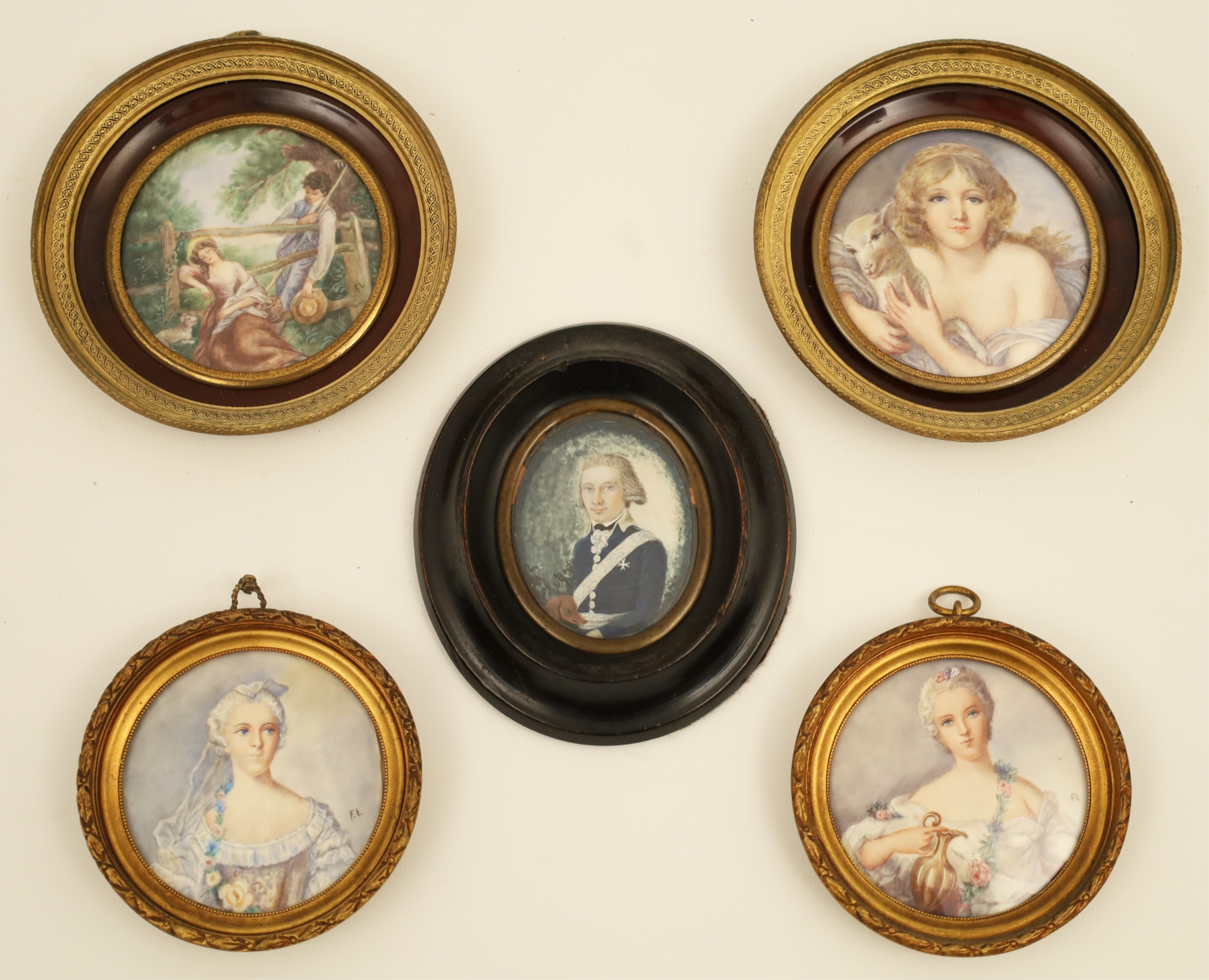 Appraisal: FRAMED FRENCH HAND COLORED MINIATURES Group of misc framed French