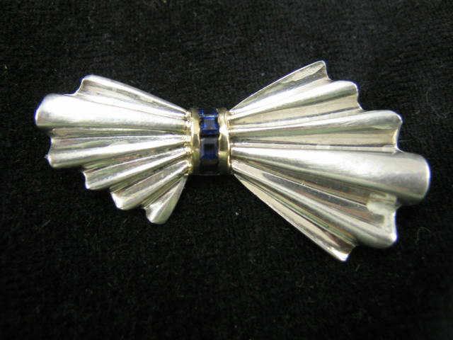 Appraisal: Tiffany Gold Sterling Sapphire Bow Pin rich square gems deco