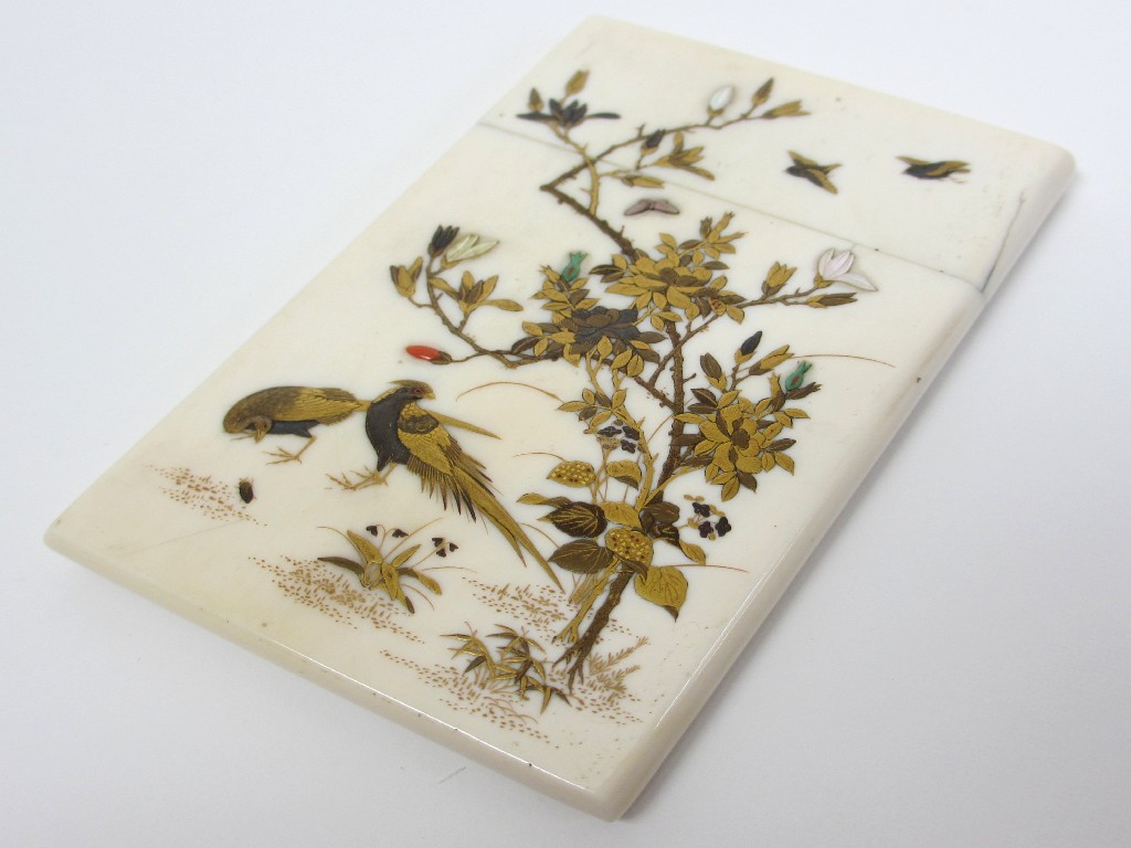 Appraisal: A Japanese shibayama style card case decorated with birds amongst