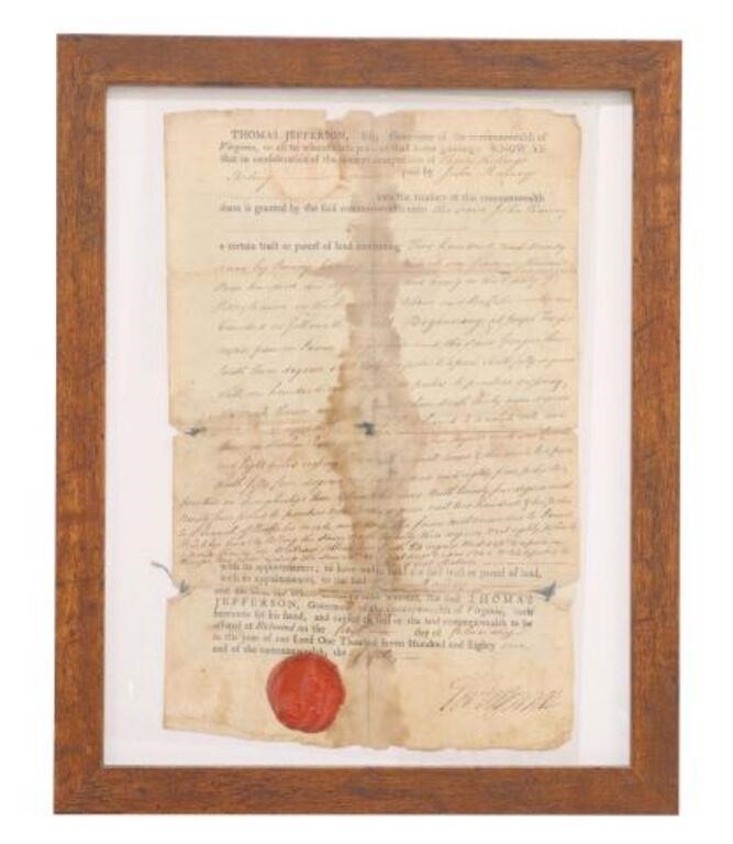 Appraisal: Land grant by Thomas Jefferson as Governor of the Commonwealth