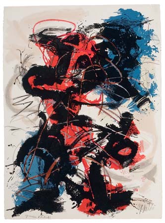 Appraisal: KAREL APPEL Abstract Composition in Red and Blue Color lithograph