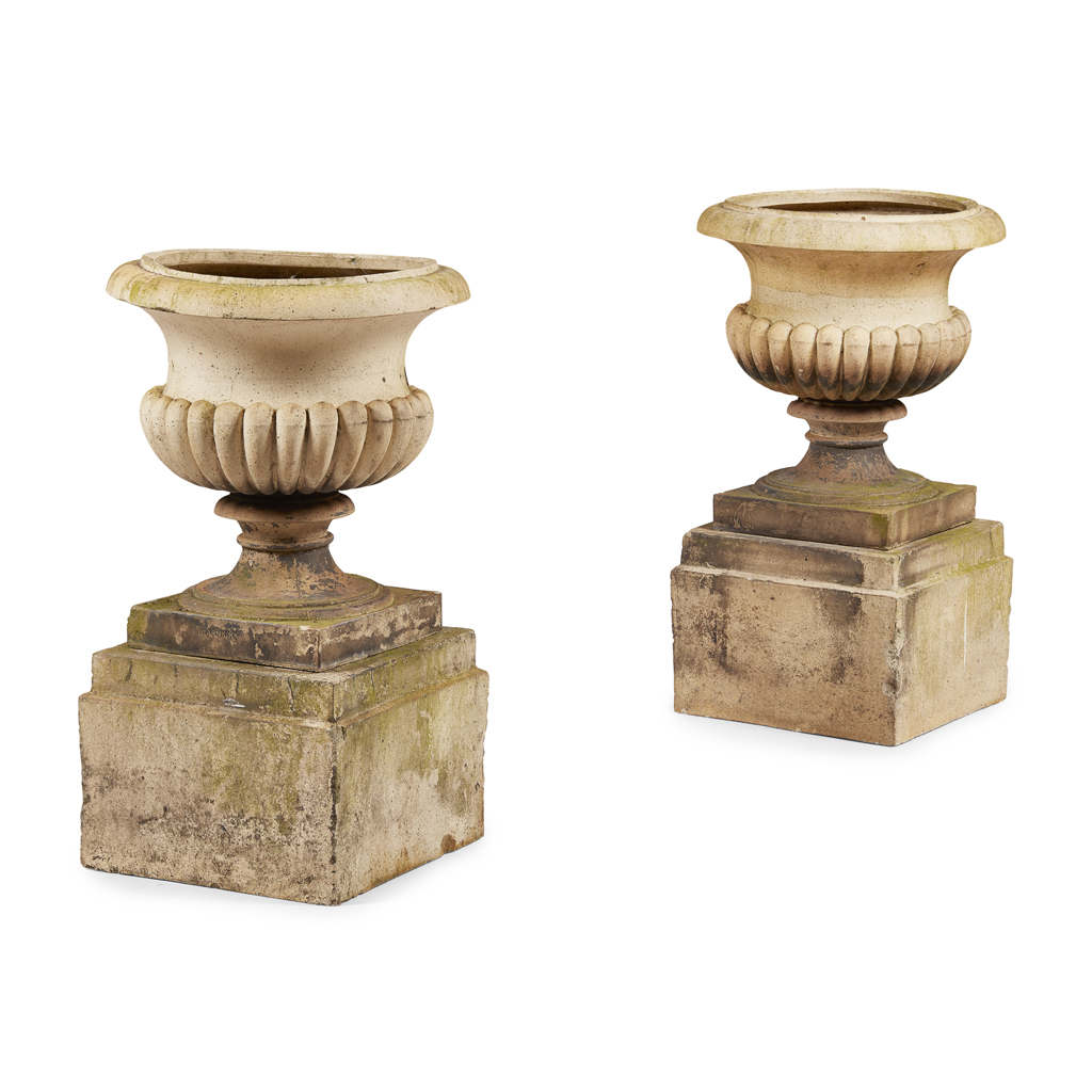 Appraisal: PAIR OF GARNKIRK 'FIRECLAY' GARDEN URNS AND PEDESTALS LATE TH