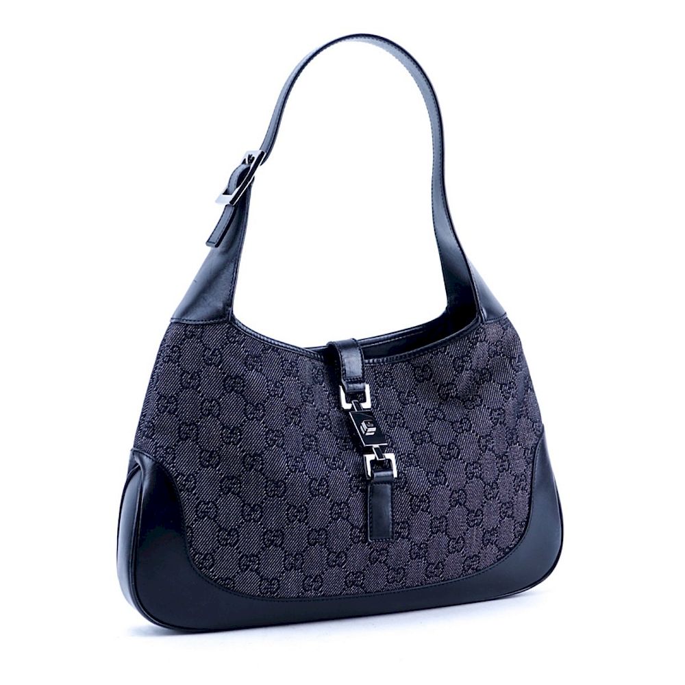 Appraisal: Gucci Black Monogram Denim Jackie MM Hobo Bag Gucci Black