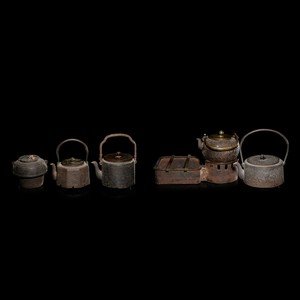 Appraisal: Seven Japanese Cast Iron Teapots Tetsubin and Burner LATE TH