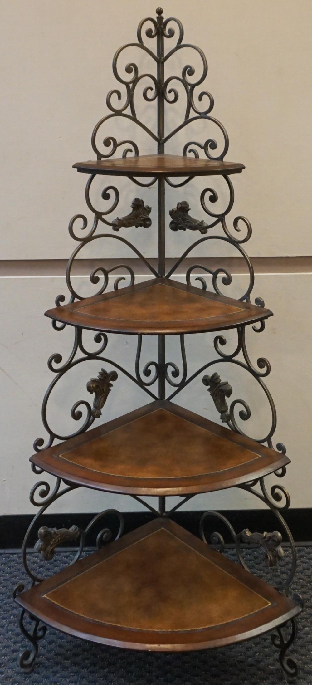 Appraisal: PATINATED METAL AND FRUITWOOD CORNER ETAGERE X X IN X