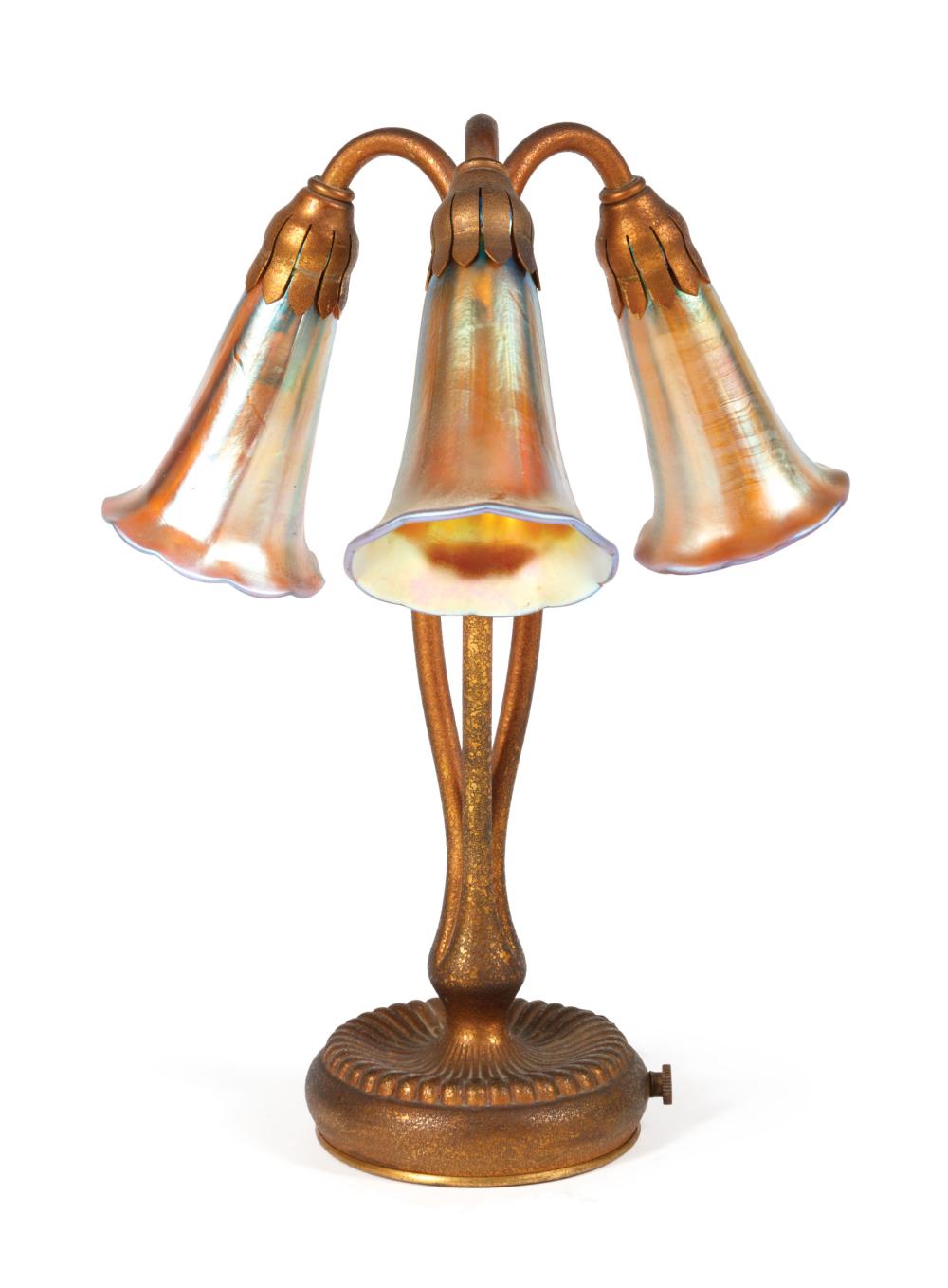 Appraisal: Tiffany Gilt Bronze Three-Light Lily Table Lamp early th c