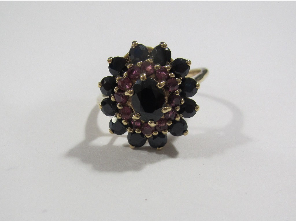 Appraisal: Nine carat gold ruby and sapphire cluster ring