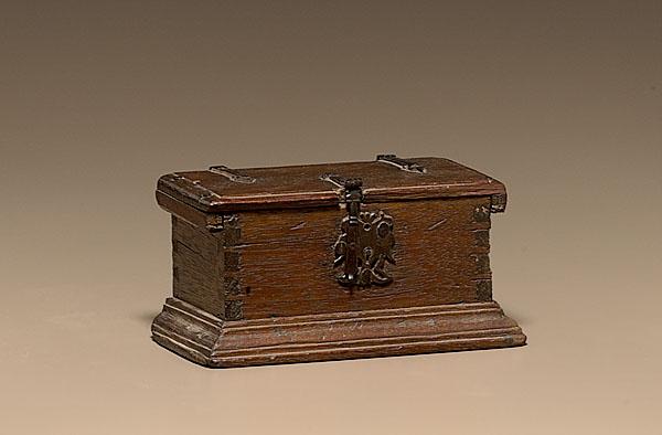 Appraisal: MINIATURE COFFER BOX probably Continental th century A miniature dovetailed