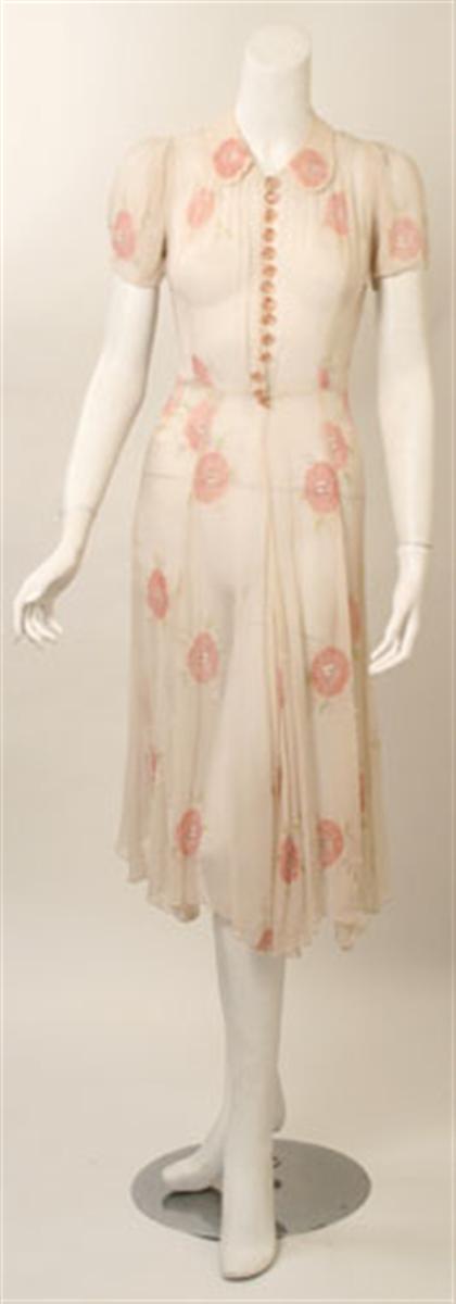 Appraisal: Floral chiffon shirtwaist dress s- s Sheer cream silk with