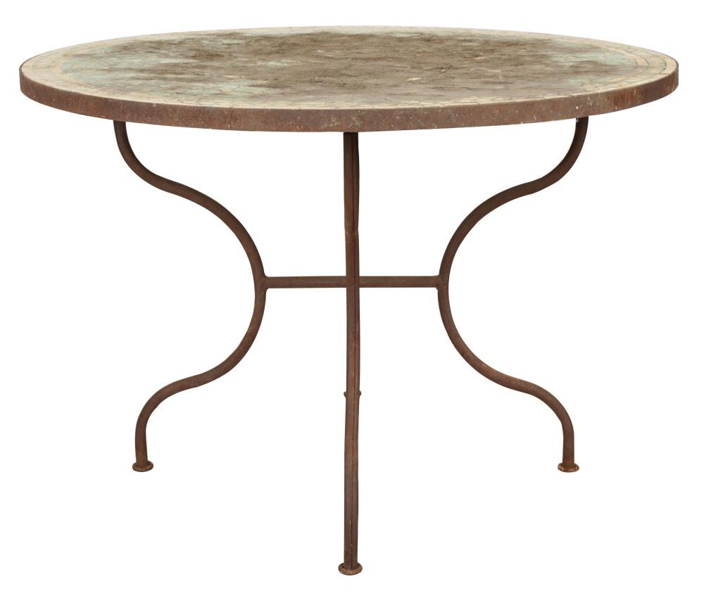 Appraisal: CERAMIC TILE-INSET IRON PATIO TABLEthe round top with a design