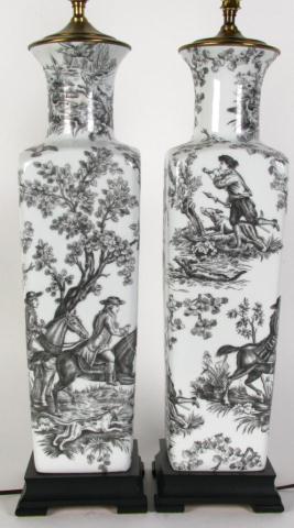 Appraisal: Pair of English Porcelain Table Lamps with hunting and landscape