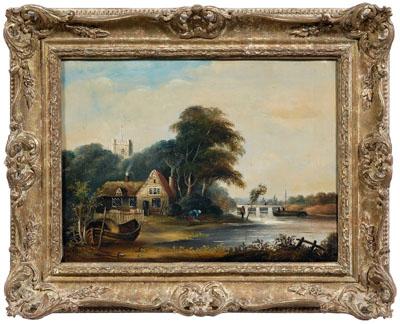 Appraisal: British School painting river landscape with cottage figures and distant