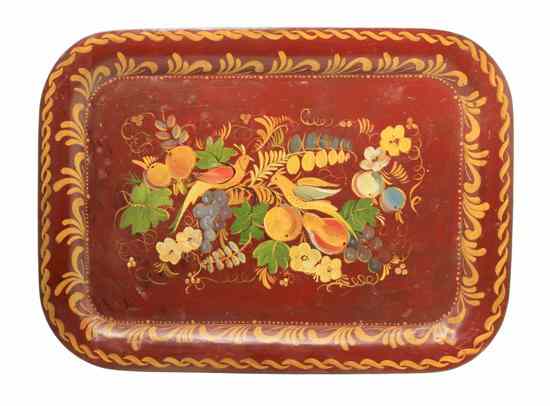 Appraisal: A Tole Tray of rectangular form decorated with birds fruit